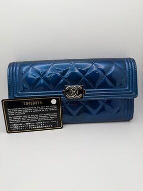 CHANEL Cobalt Blue Patent Quilted Long Boy Wallet Authentic w/ Box & Black Card